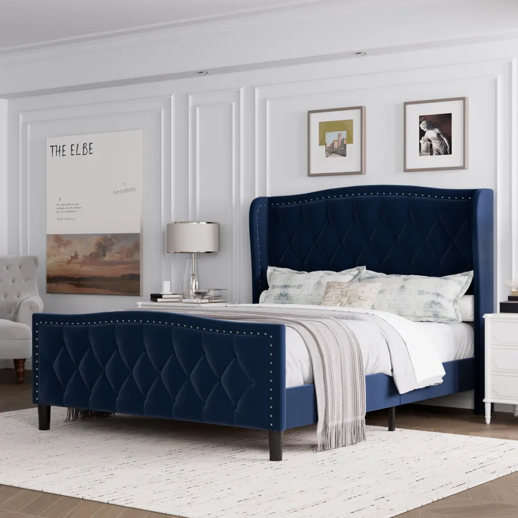 Full Size Bed Frame Modern Upholstered Platform Bed Wingsupport Headboard jada sports
