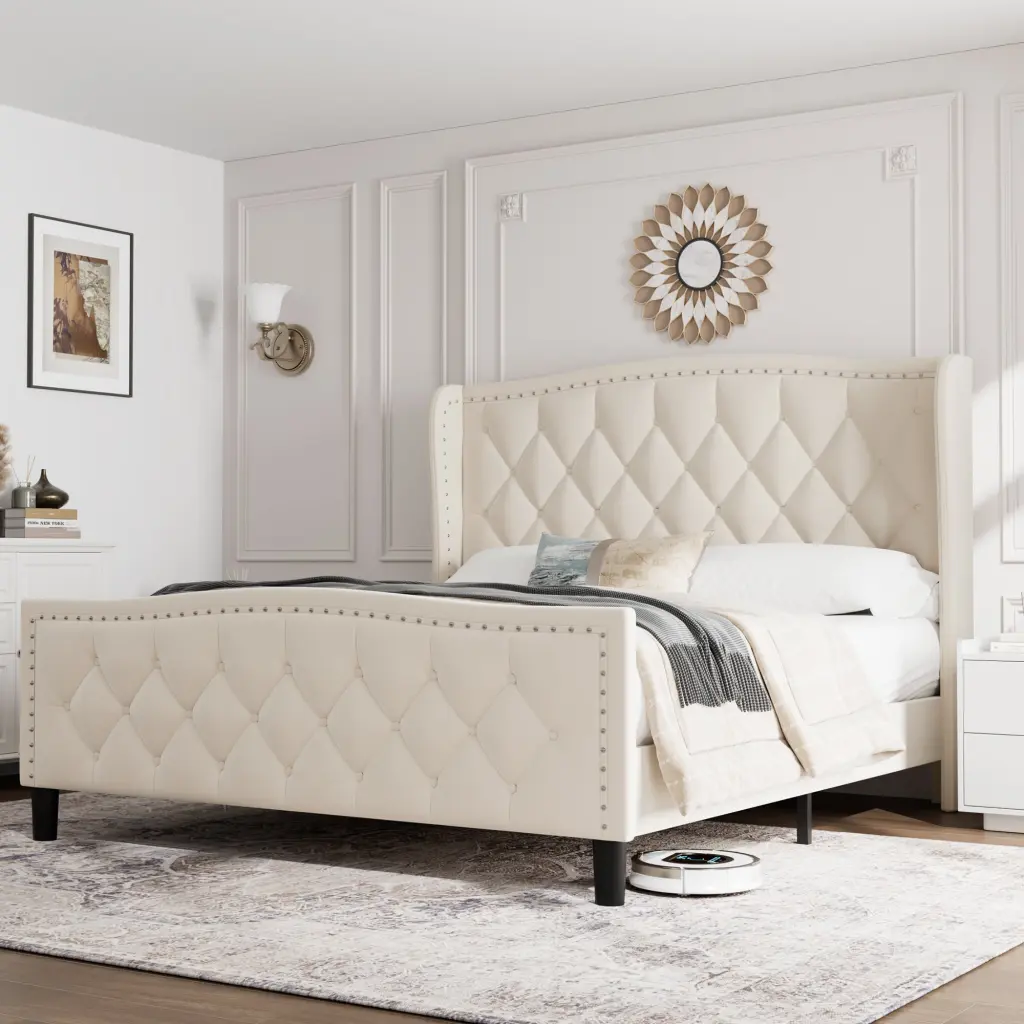 Full Size Upholstered Platform Bed Frame Wingback Headboard jada sports