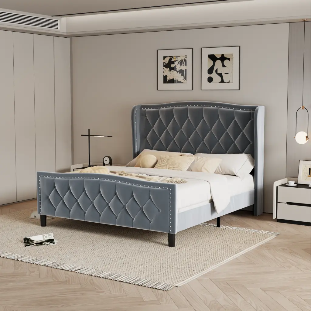 Queen Size Bed Frame Modern Upholstered Platform Bed Wingsupport Headboard jada sports