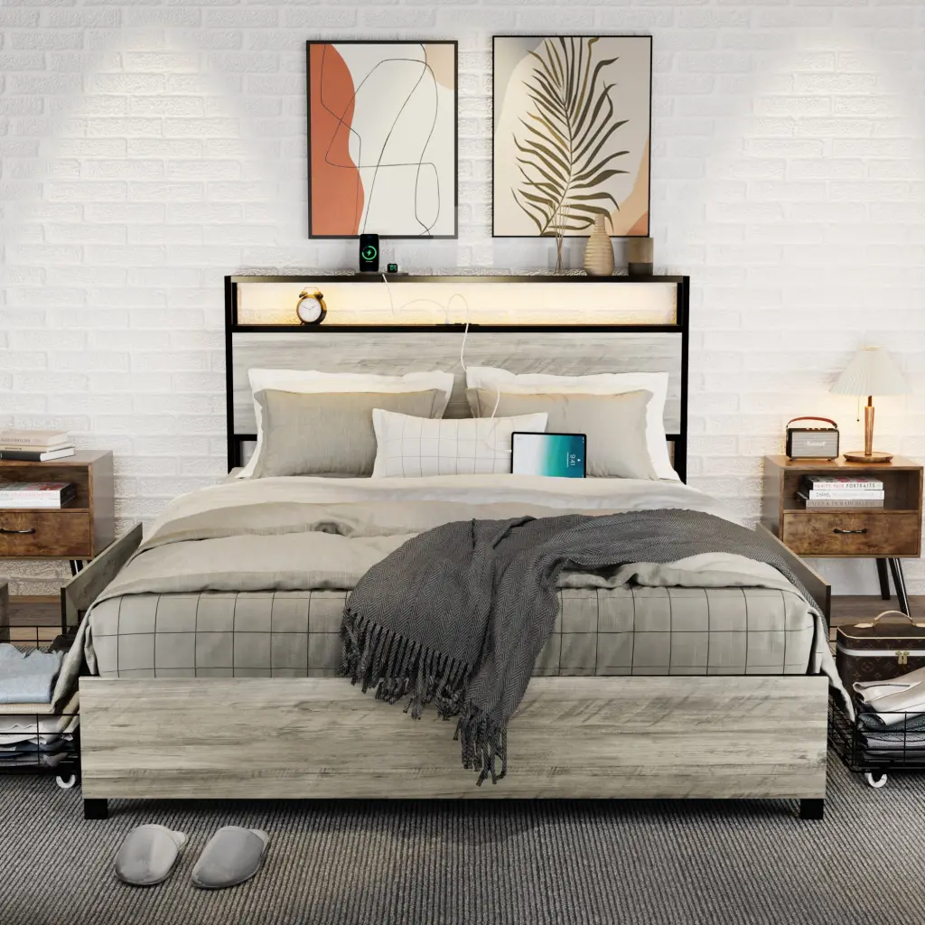 Full Size Bed Frame 4 Storage Drawers And 2 USB Ports Upholstered jhomier furniture