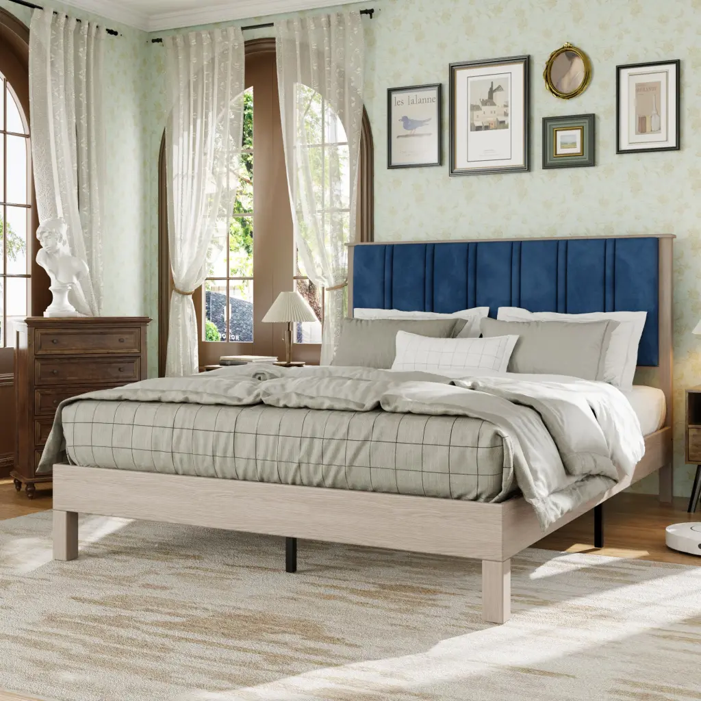 King Bed Frame Wood Wood Headboard Bed Frame Upholstered Headboard Modern Bed jhomier furniture