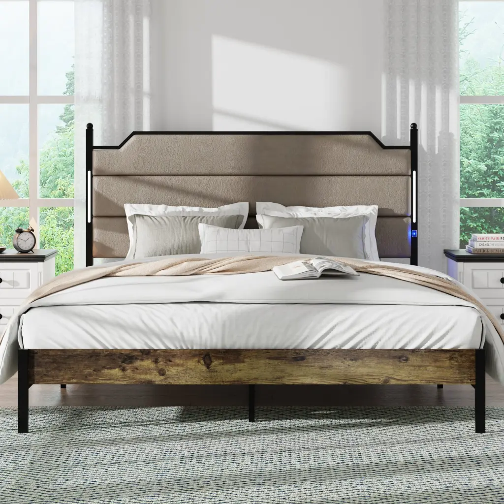 King Size Bed Frame Upholstered Headboard Queen Bed Frame Charging Station Modern Bedroom Furniture jhomier furniture