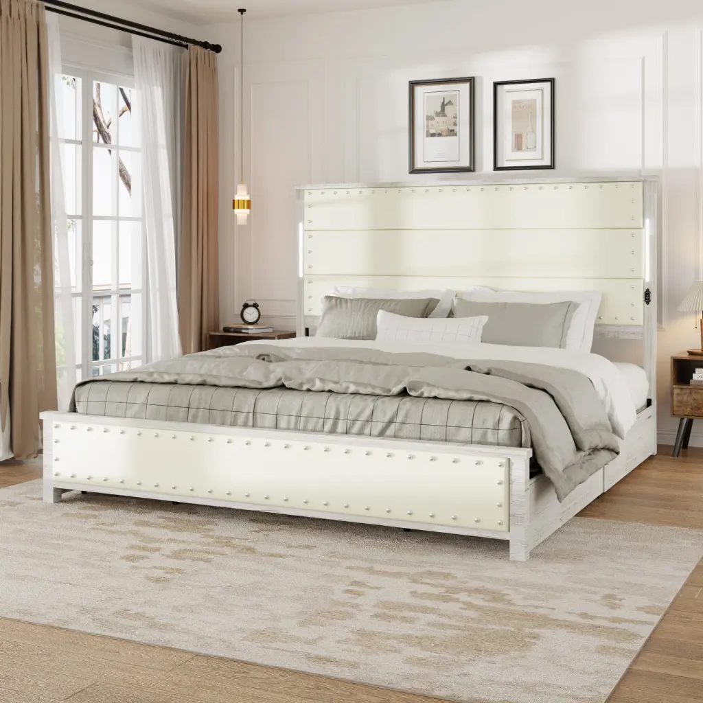 King Size Bed Frame Upholstered Headboard and 4 Storage Drawers jhomier furniture
