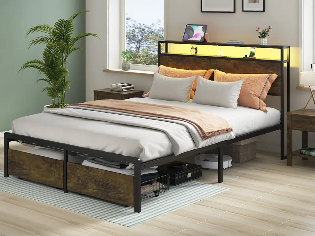 Queen Bed Frame LED Lights USB Charging Station Metal Wood Platform Bed jhomier furniture