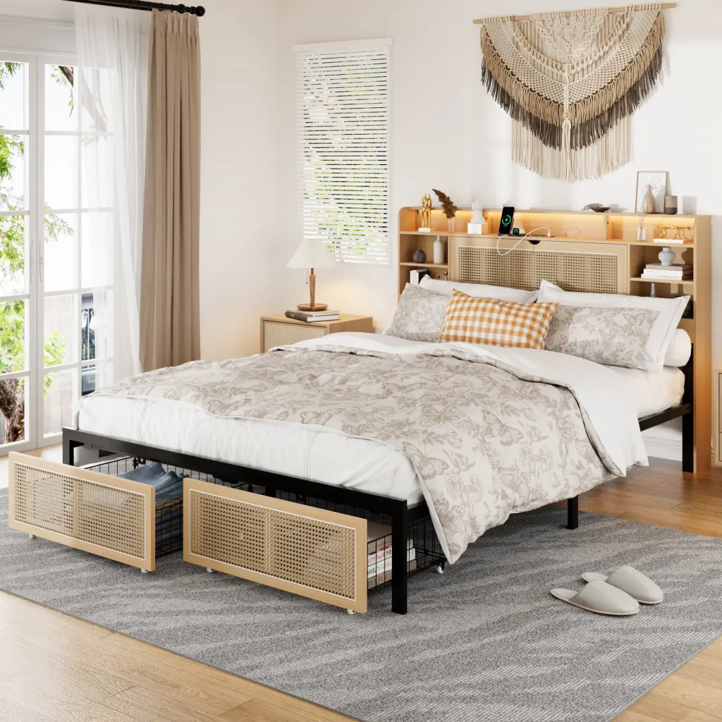Queen Size Bed Frame Storage Headboard and 2 Drawers Upholstered jhomier furniture