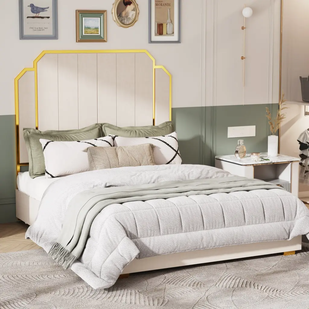 Queen Size Upholstered Bed Frame 59.06 Headboard Golden Accents jhomier furniture