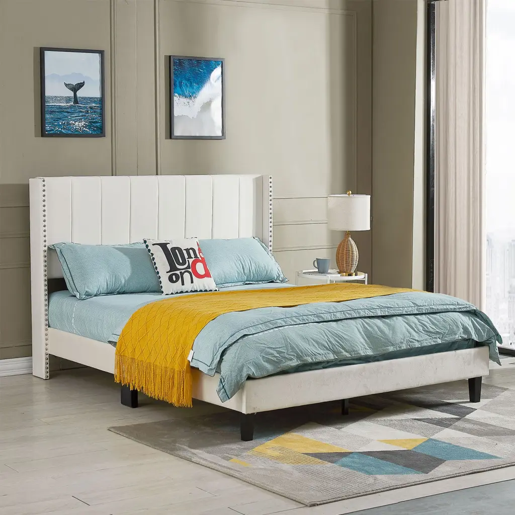 Queen Bed Frame Velvet Upholstered Vertical Channel Tufted Headboard justone interior