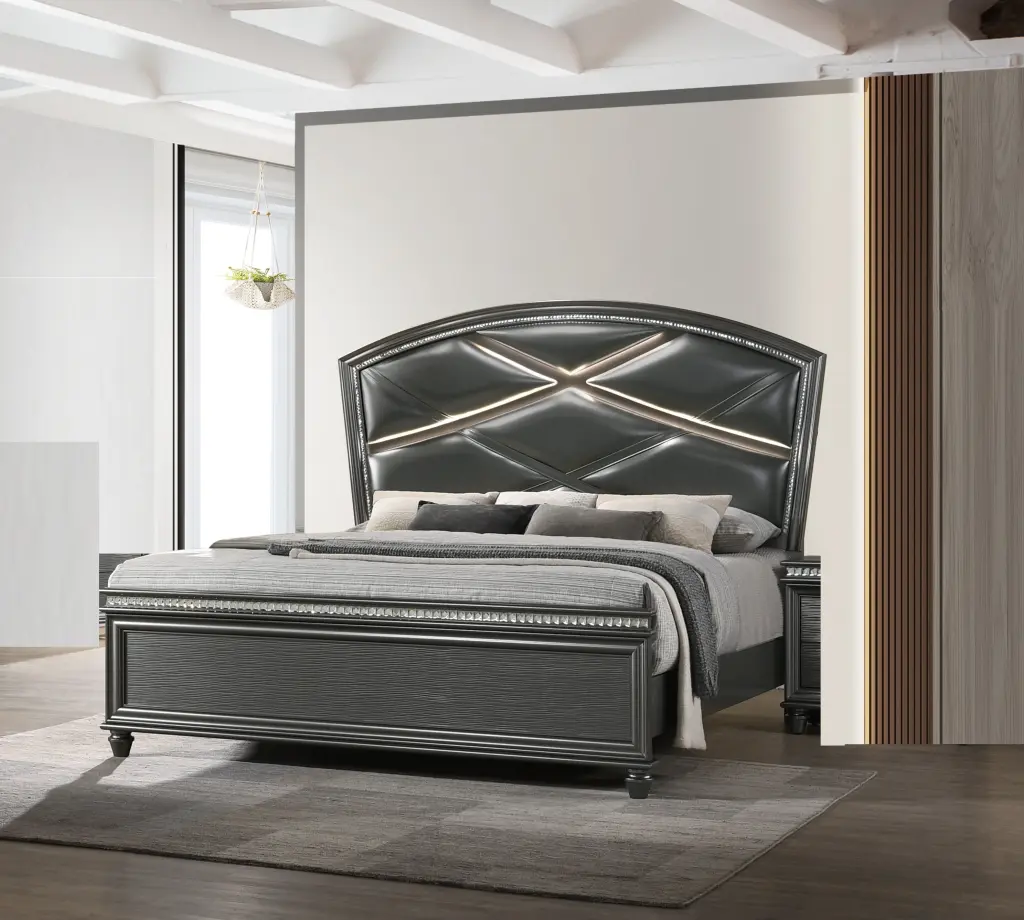 Glam Upholstered Queen Bed Gray Panel Bedroom LED Lights kanepe