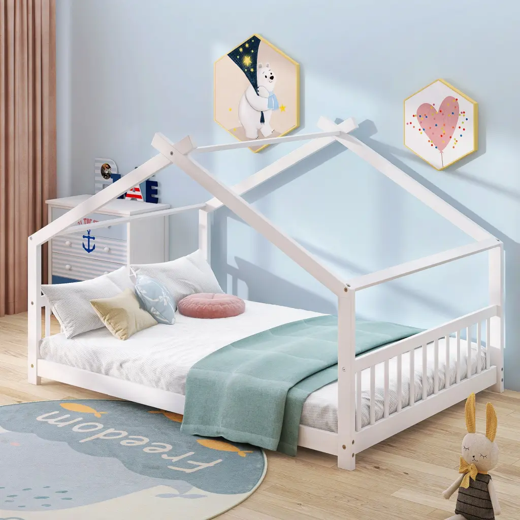 Full Size Houtilize Bed Wood Bed White Solid Wood Bed Frame lucky furniture