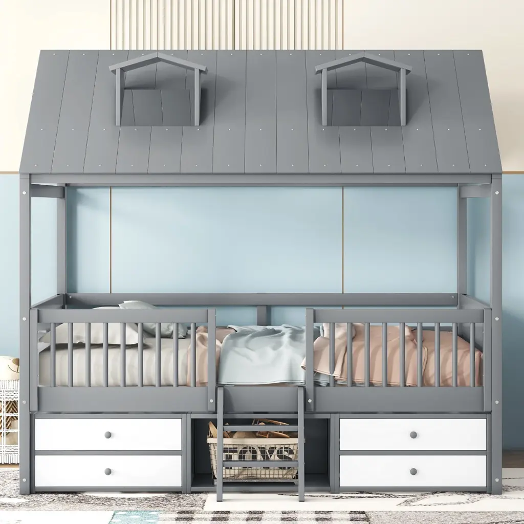 Full Size Wood Bed Frame Gray Box Spring Not Required Sturdy Platform Bed lucky furniture