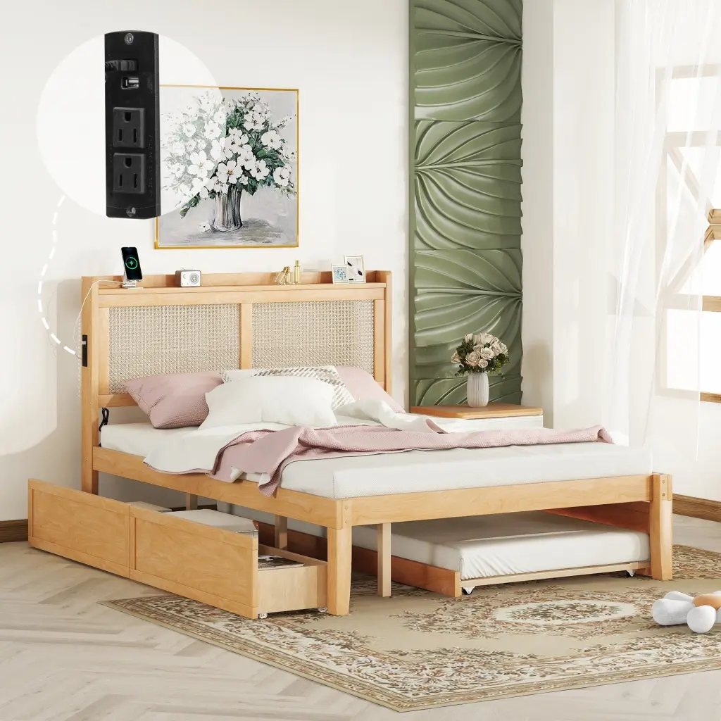 Queen Size Elegant Bed Frame Rattan Headboard And Sockets Natural Wood Bedroom Furniture lucky furniture