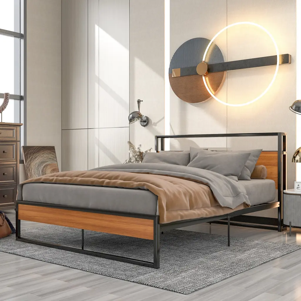 Queen Size Metal Platform Bed Frame Sockets USB Ports And Slat Support lucky furniture