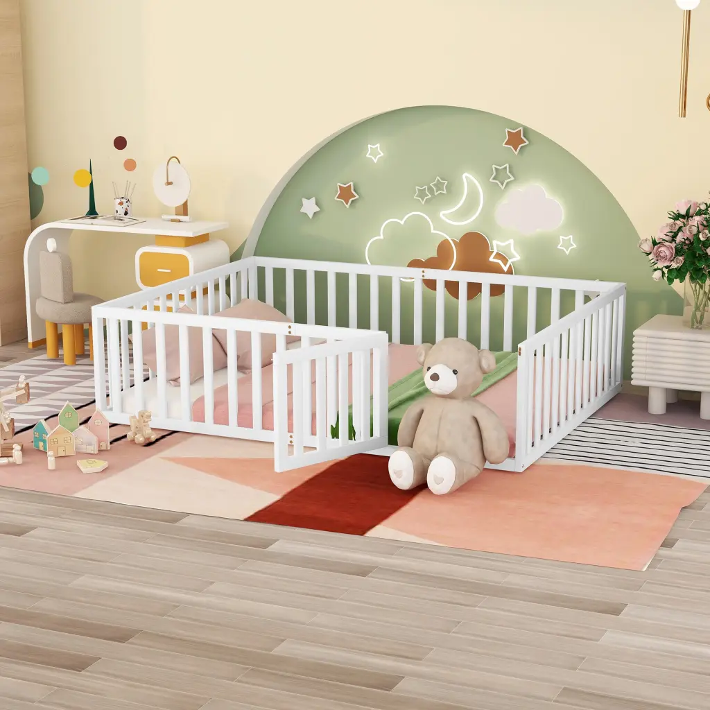 Queen Size Wood Floor Bed Frame Fence And Door White lucky furniture
