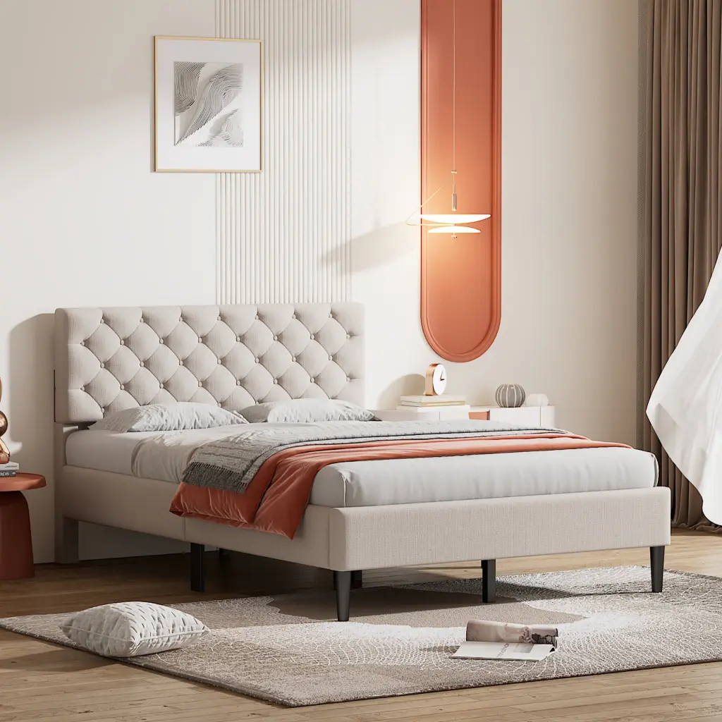 Upholstered Linen Platform Bed Full Size Beige Fabric Bed Frame lucky furniture
