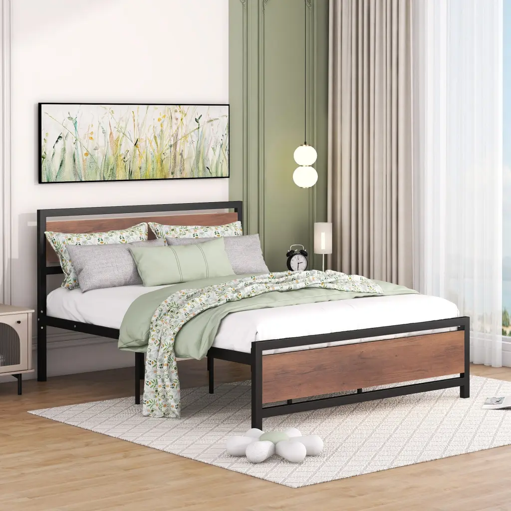 Queen Size Platform Bed Metal And Wood Bed Frame Headboard And Footboard lucky world