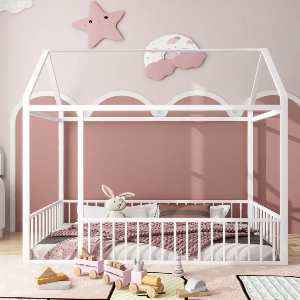 Twin Size Metal Bed Frame Fence Kids Teens Girls lucky world