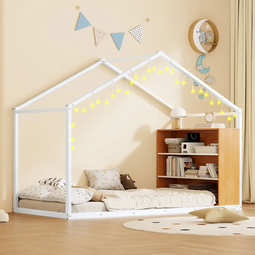 Twin Size Metal Bed Frame Shelves and Lights Houtilize Design White lucky world