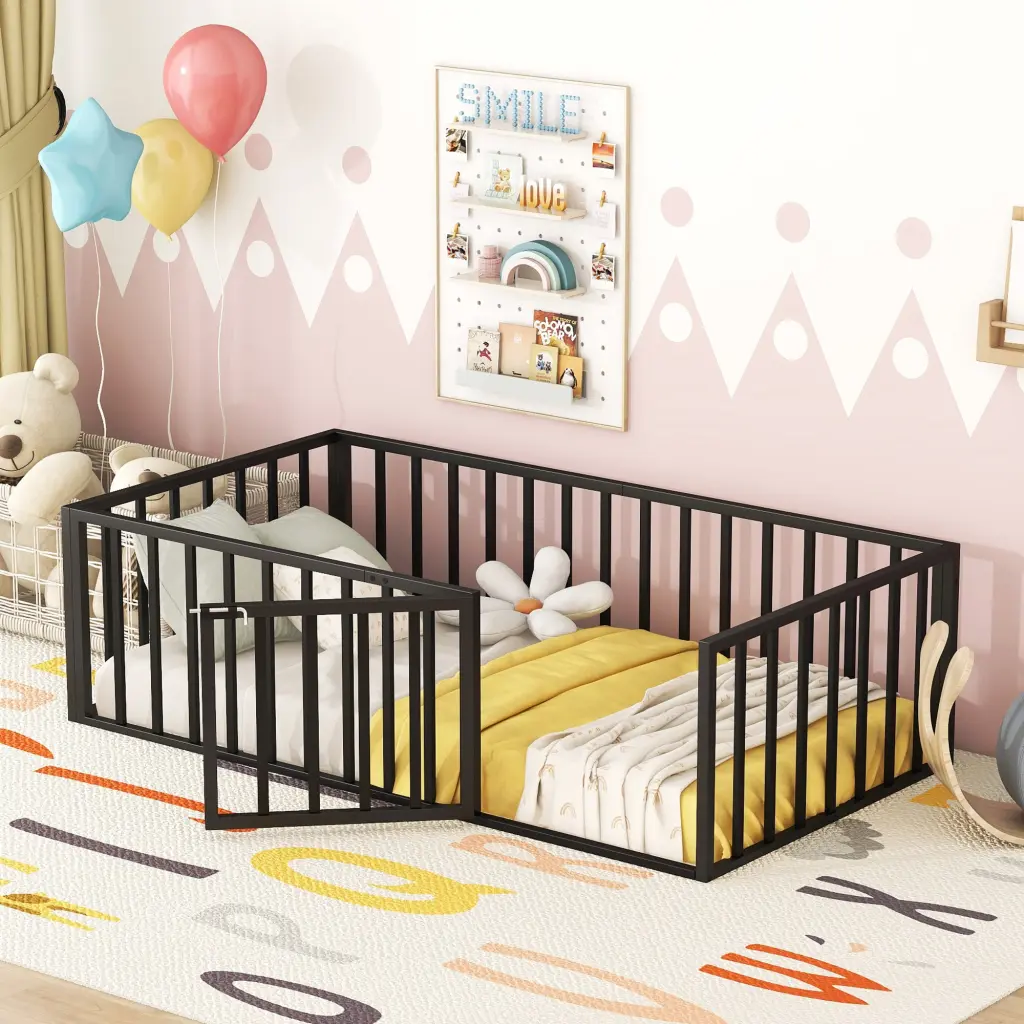 Twin Size Metal Floor Bed Frame Fence And Door Black Metal lucky world