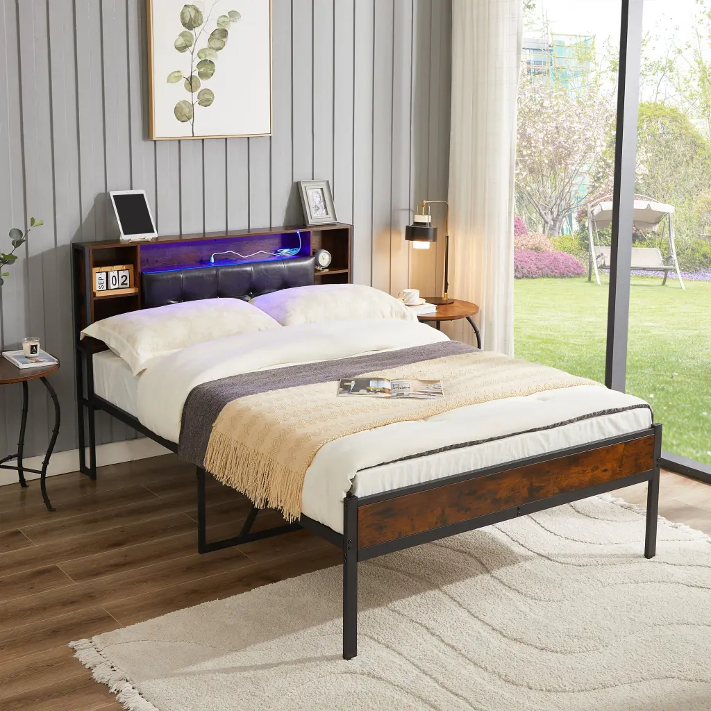 Bed Frame Storage Headboard and USB Charging Station Metal Platform one future
