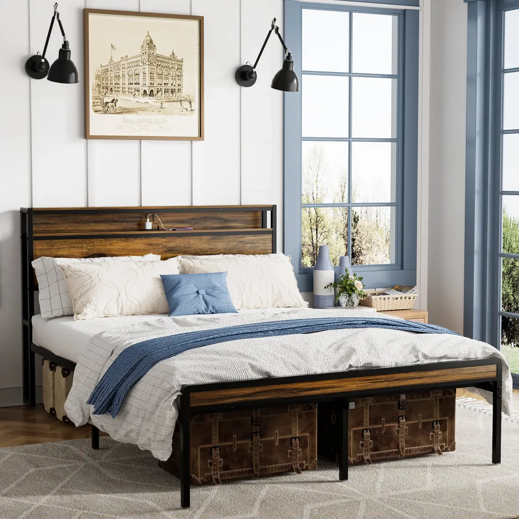 Queen Size Bed Frame Storage Headboard LED Light Charging Station rnb
