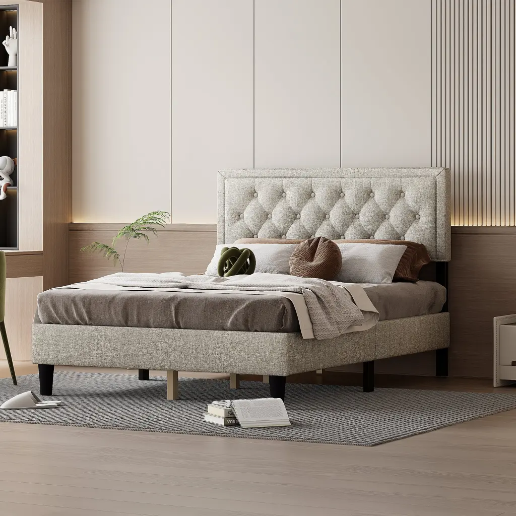 Queen Size Panel Bed Frame Adjustable Button Tufted Headboard sarkozy