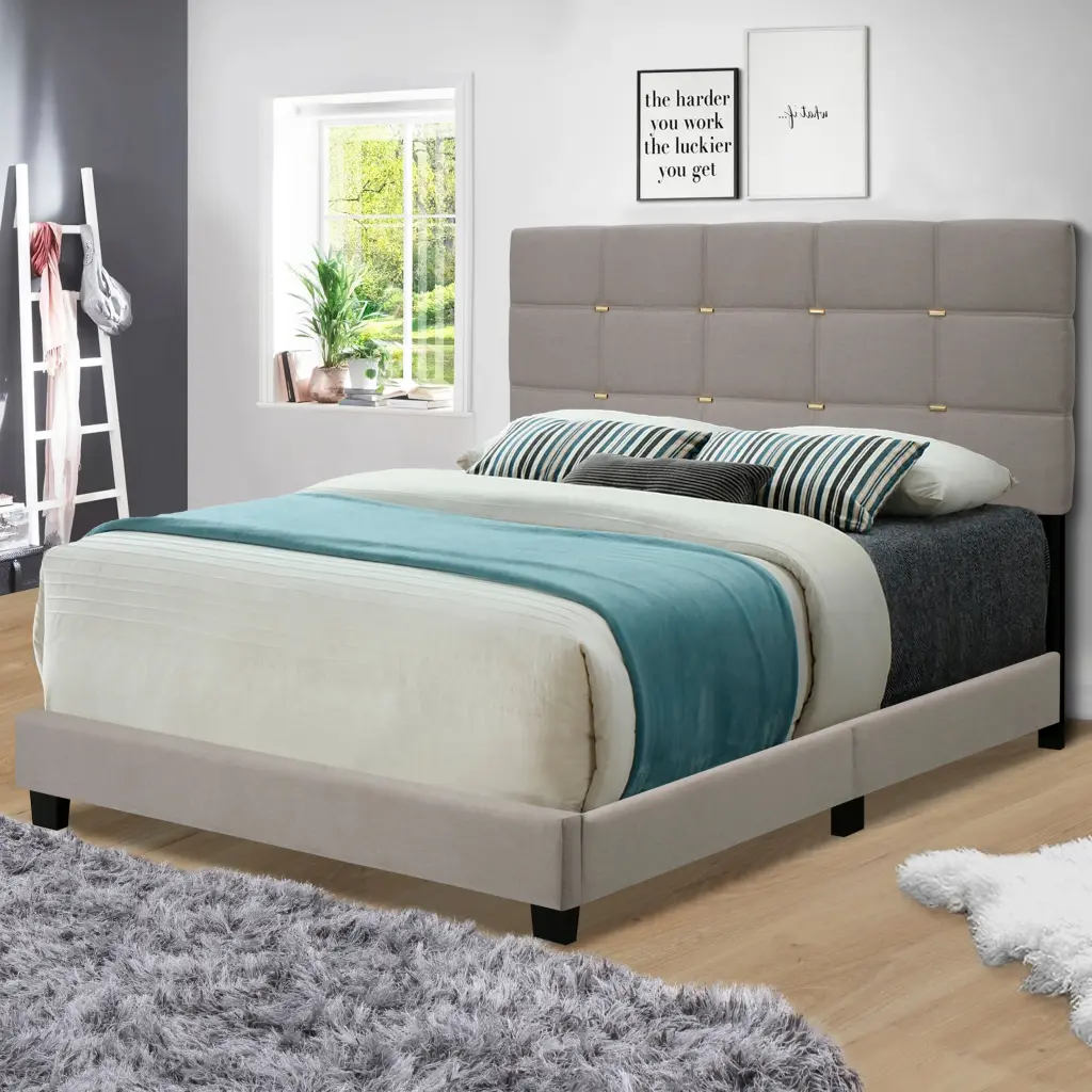 Beige Queen Size Adjustable Linen Fabric Upholstered Bed Frame Vintage Style serene home