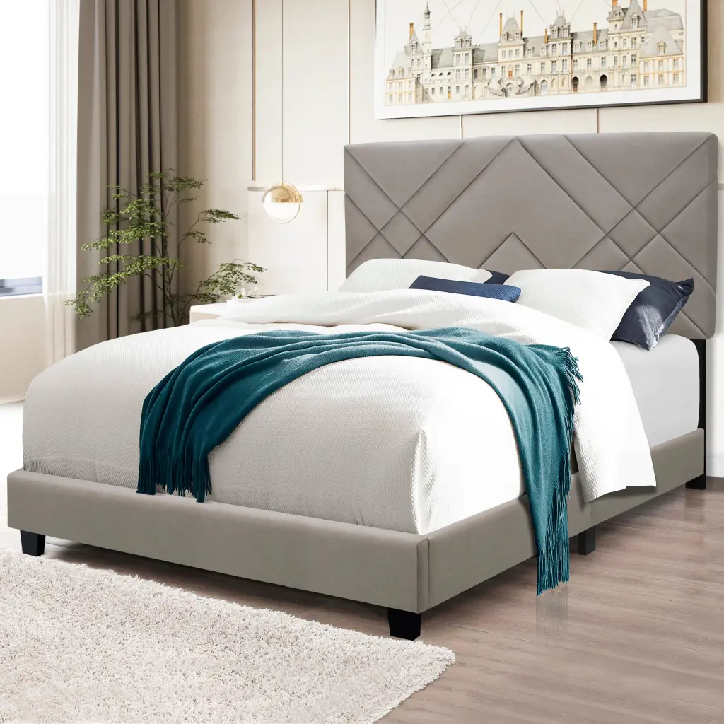 Beige Queen Size Adjustable Upholstered Bed Frame Stain Resistant Clean Bedroom serene home