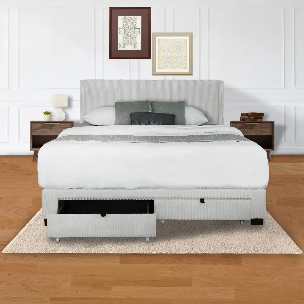 Corduroy Velvet Queen Footboard Drawer Storage and Wingsupport Upholstered Bed serene home
