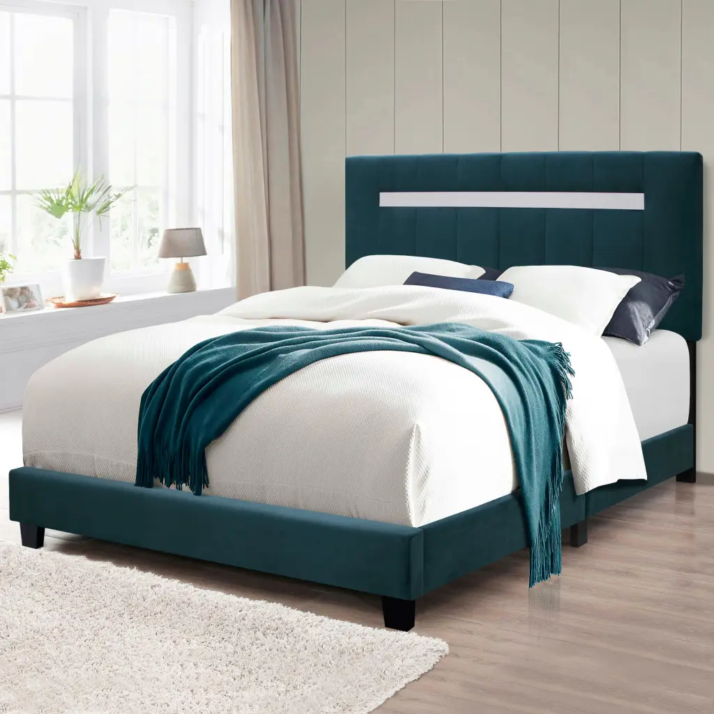 Green Adjustable Queen Size Upholstered Bed Frame Velvet Fabric Laminate Platform Bed serene home