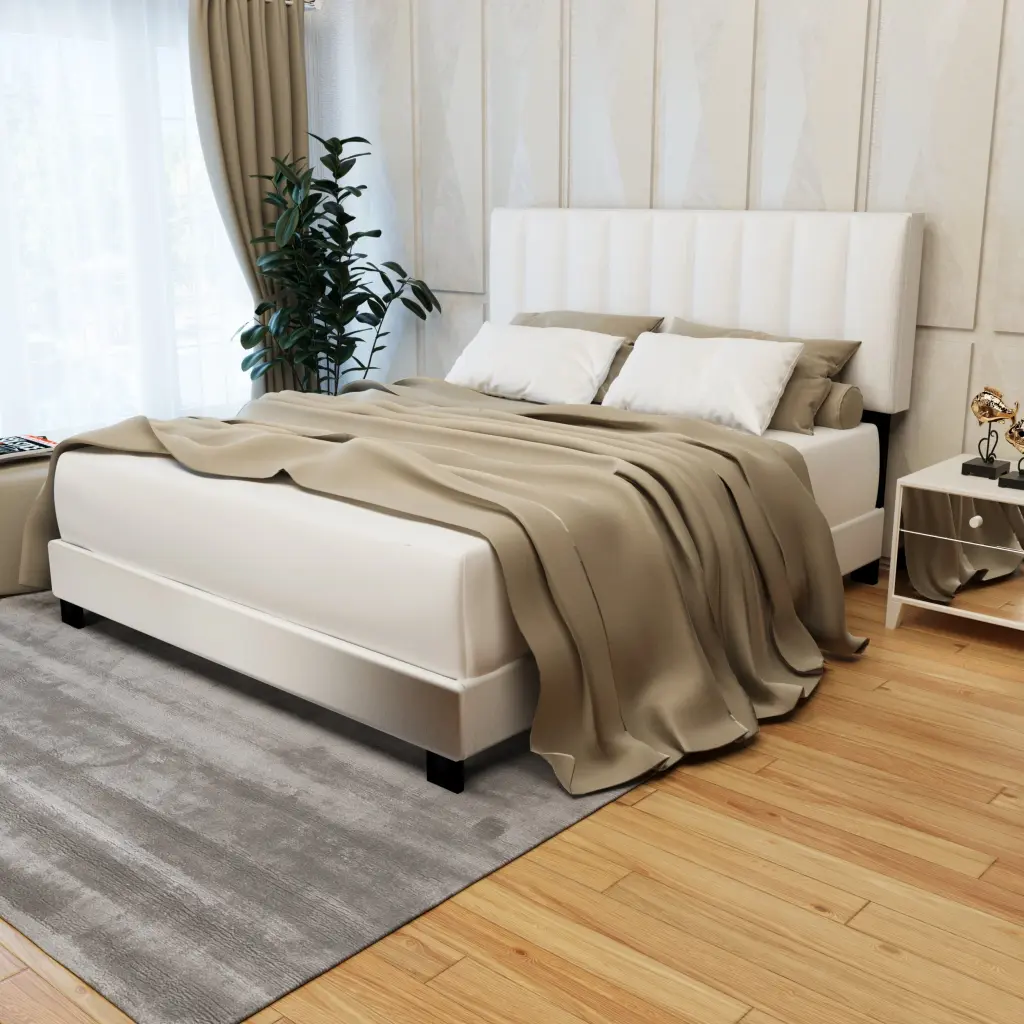 White Queen Size Upholstered Bed Frame Adjustable Headboard serene home