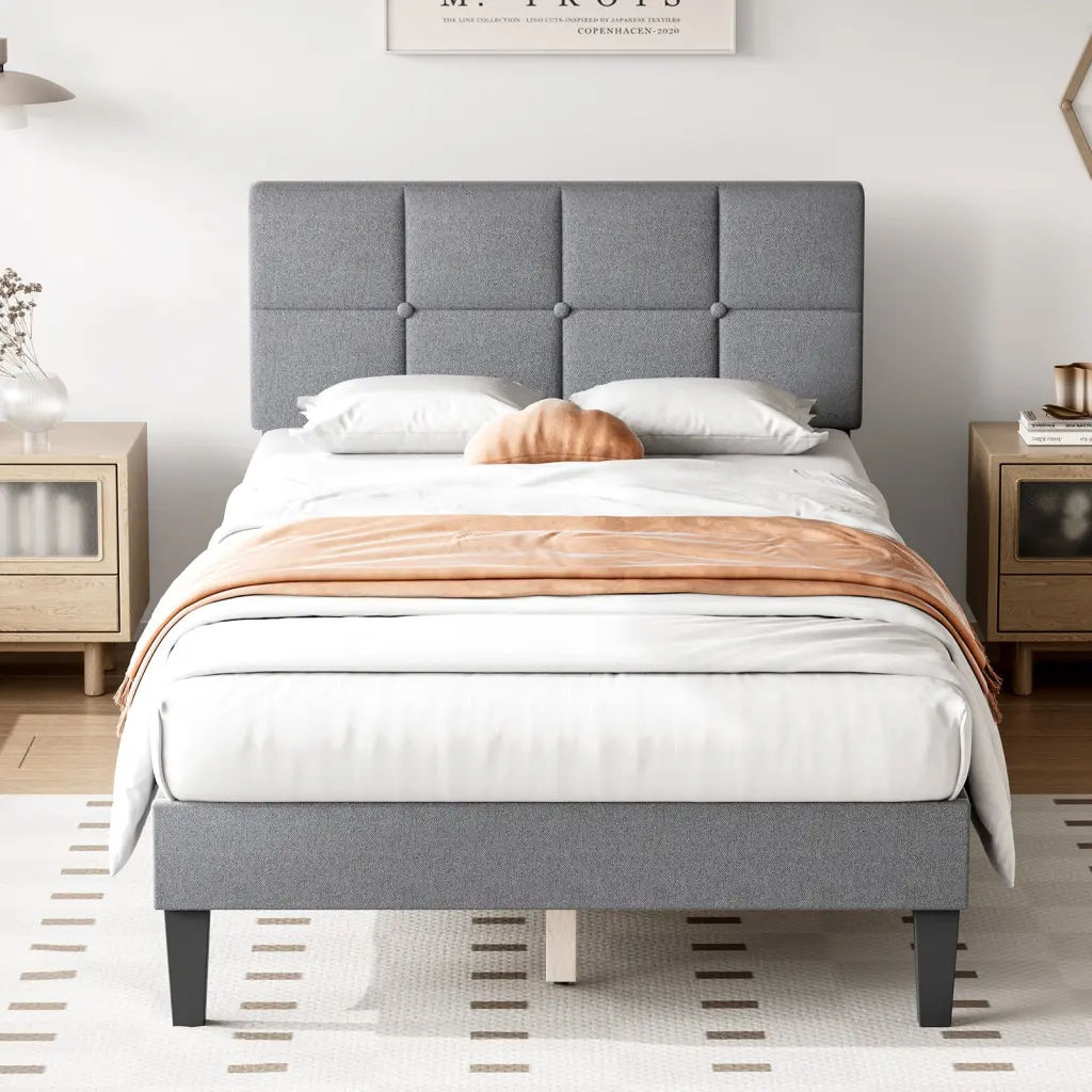 Full Size Bed Frame Linen Upholstered Platform Bed Headboard w2201