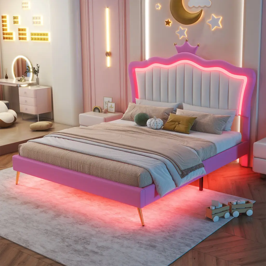 Full Size Upholstered Bed Frame LED Lights Modern Platform Bed w2770