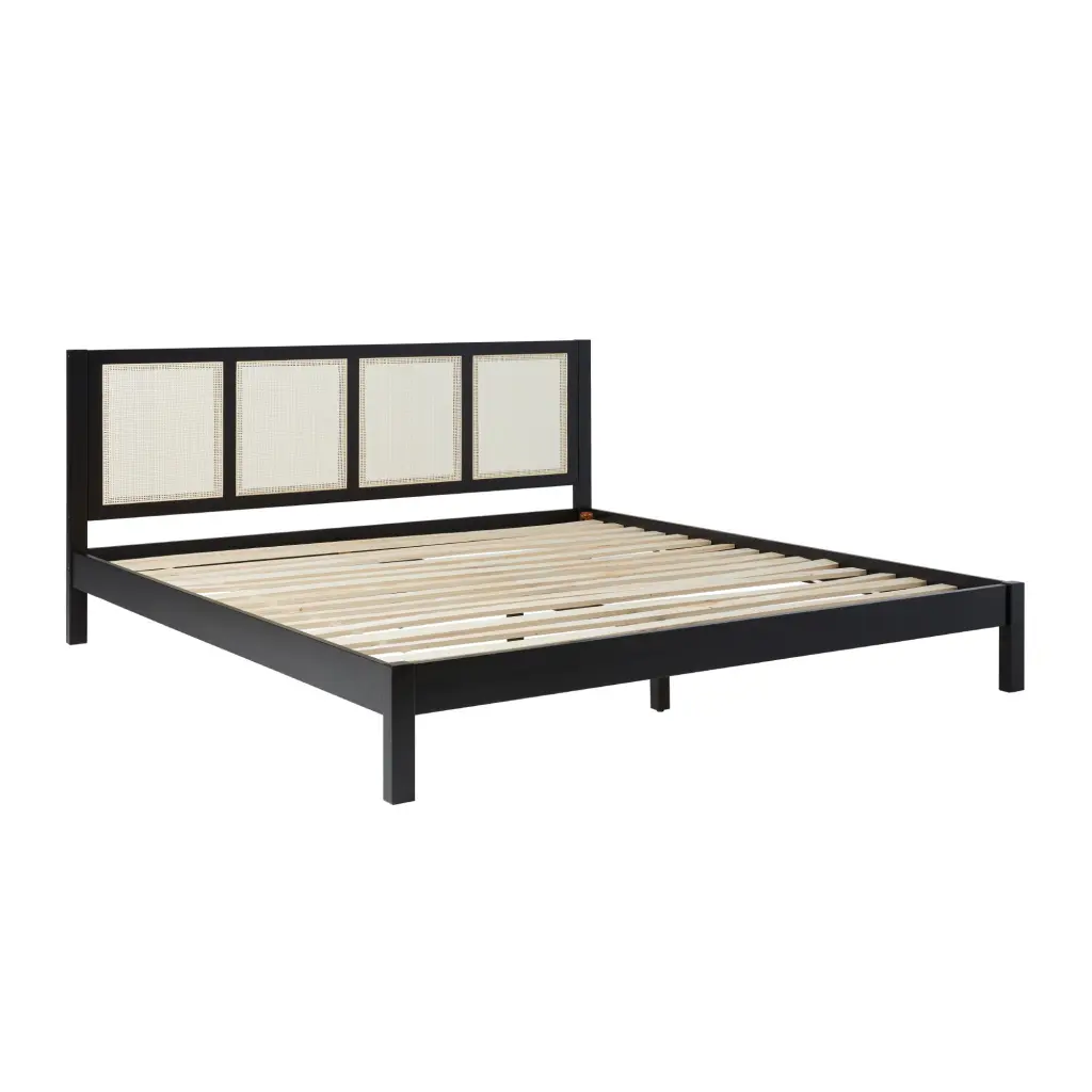 Boho Solid Wood Rattan Panel Headboard King Bedframe Black walker edison