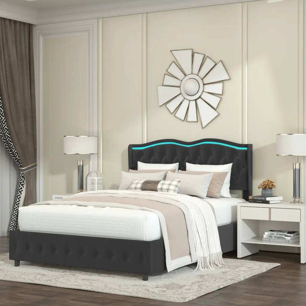 Queen Platform Bed Frame Velvet Upholstery Deep Tufted Buttons welike furniture