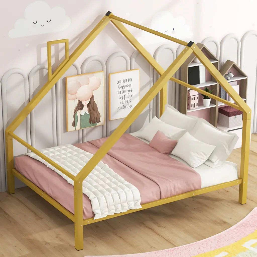 Full Size Metal Platform Bed Roof and Chimney Gold - Modern Bed Frame wm dreamland