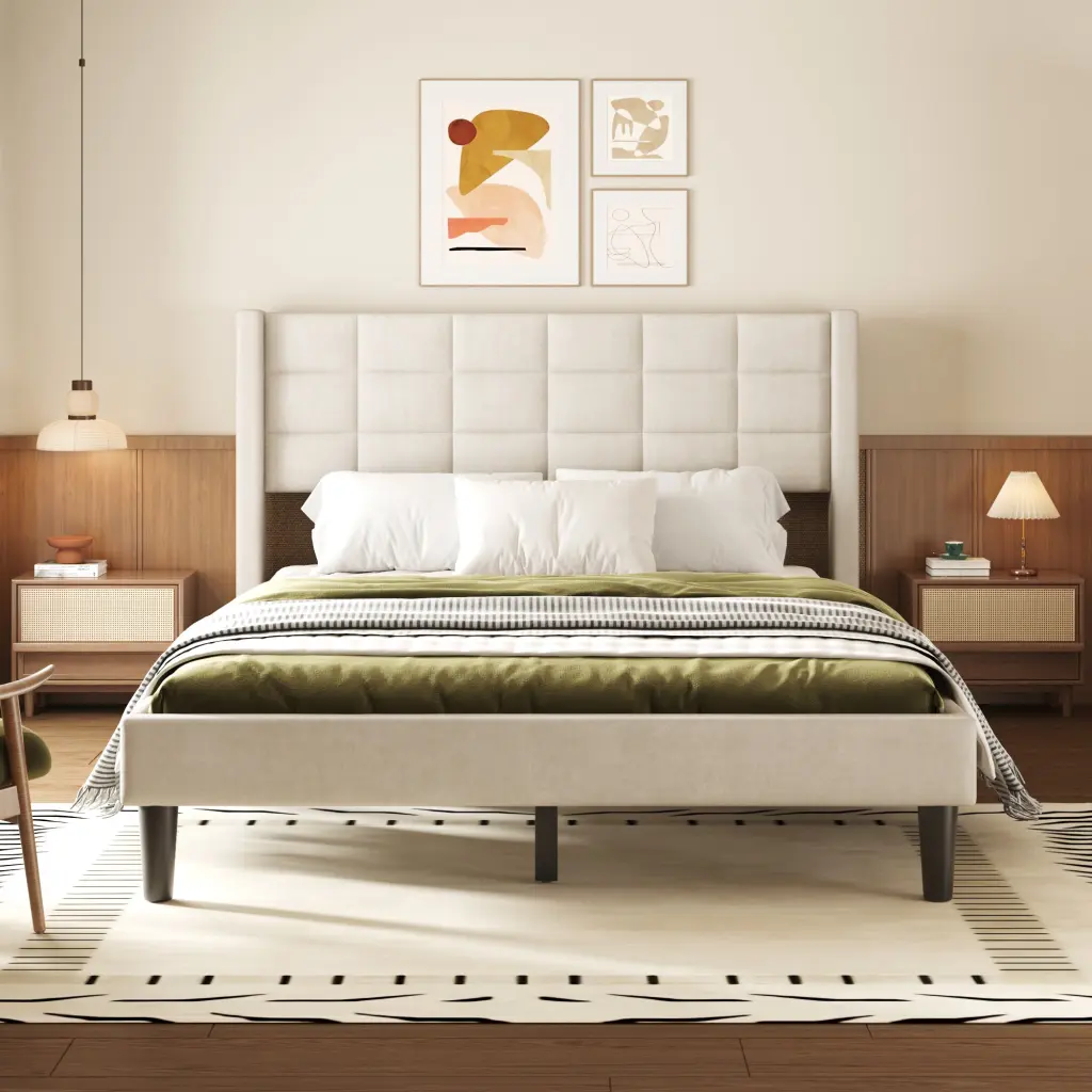 Queen Size Upholstered Platform Bed Beige Box Spring And Substantial Legs wm dreamland