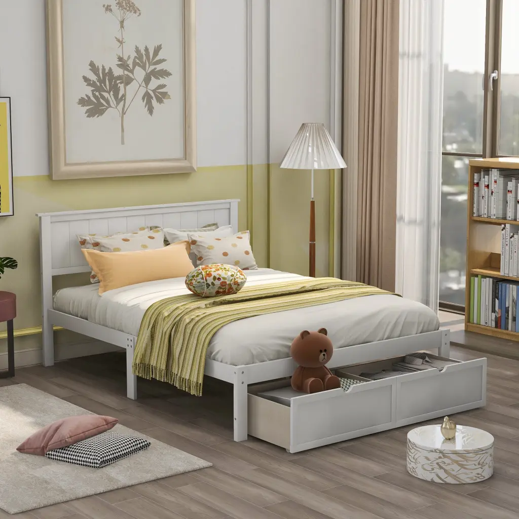 Full Size Platform Bed Under Bed Drawers White Pine Bed Frame wm store
