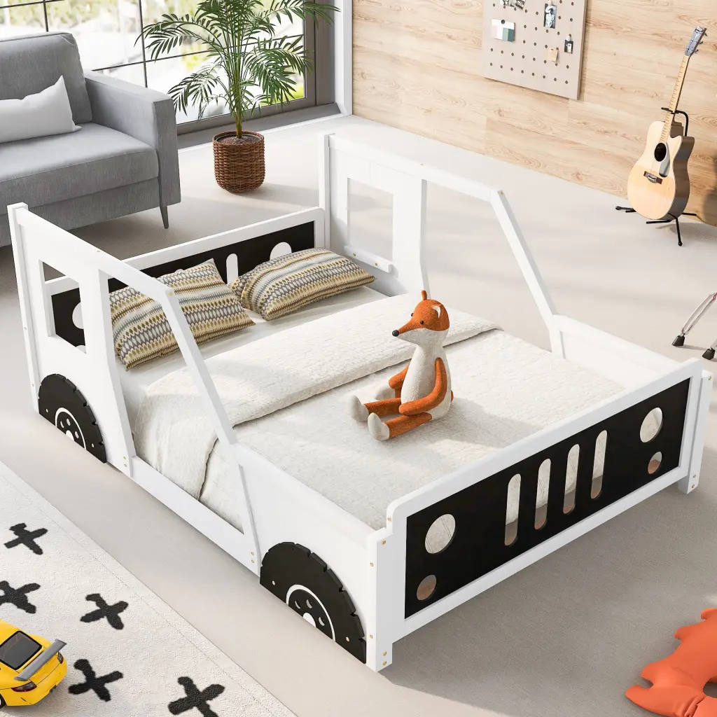 Full Size Timeless Car Influenced Platform Bed Wheels White Pine wm store