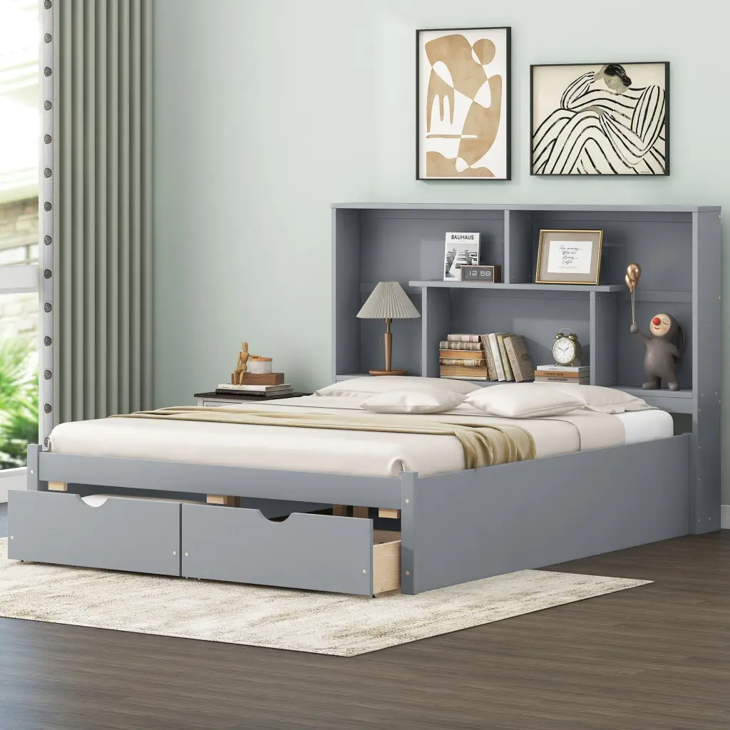 Queen Size Platform Bed Storage Headboard and 2 Drawers Gray Box Design wm store