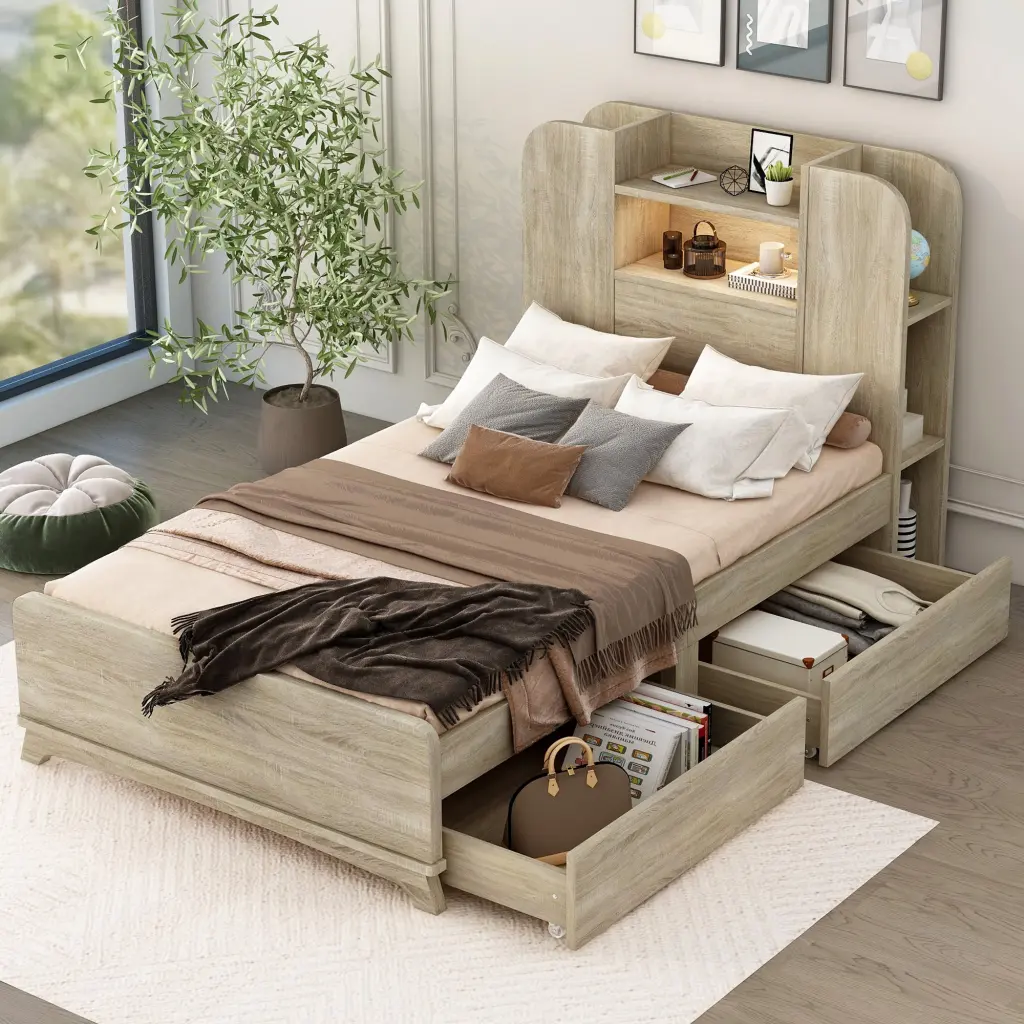 Twin Size Storage Platform Bed Frame 2 Drawers and Light Support wm store