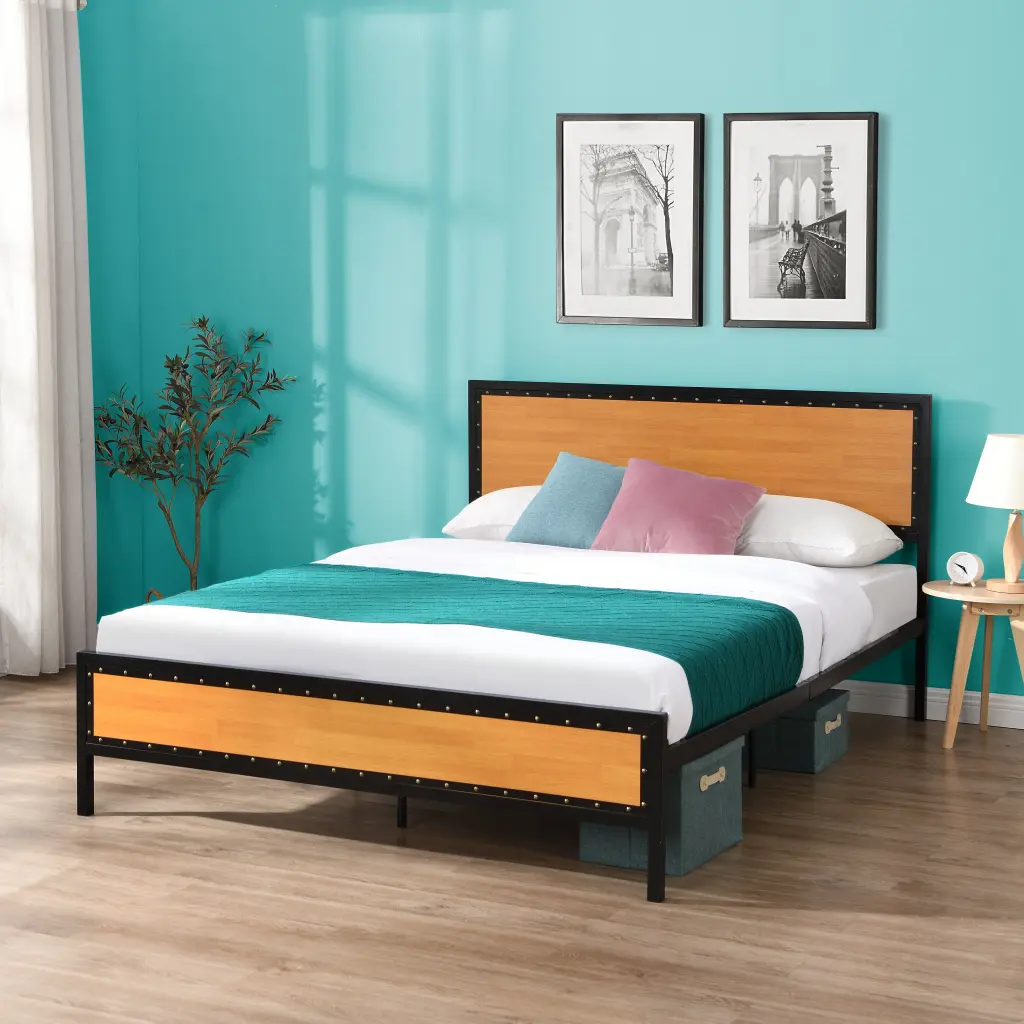 Industrial Platform Queen Bed Frame Mattress Foundation Rustic Headboard wr furniture