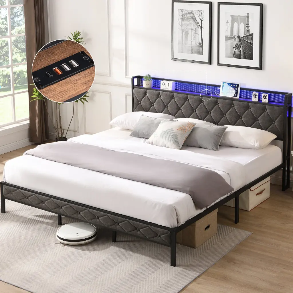 King Bed Frame Storage Headboard Charging Station And LED Lights wr furniture