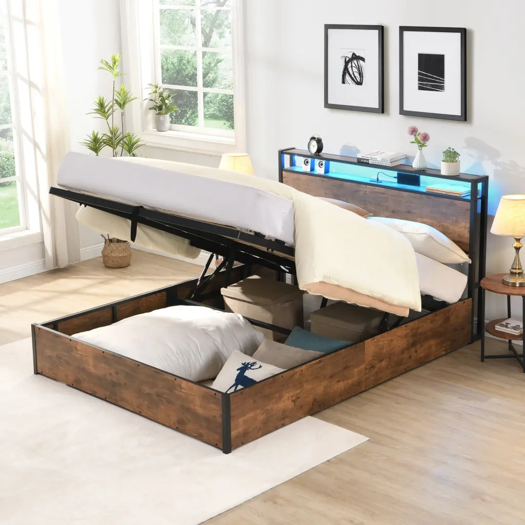 Lift Up Storage Bed Frame Full Size Bed Frame Bookcase Headboard wr furniture