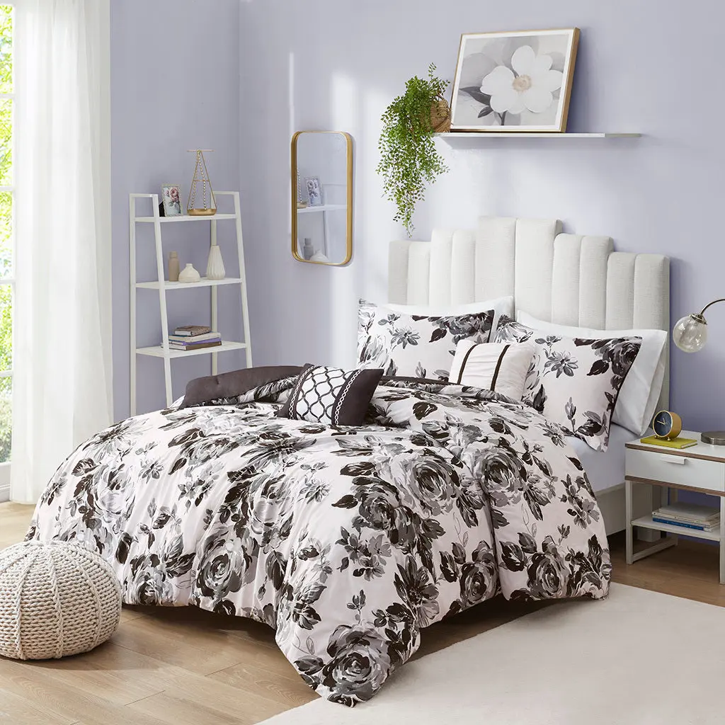 Floral Print Easeer Set Full White Black Polyester Bed Sheet Set jla