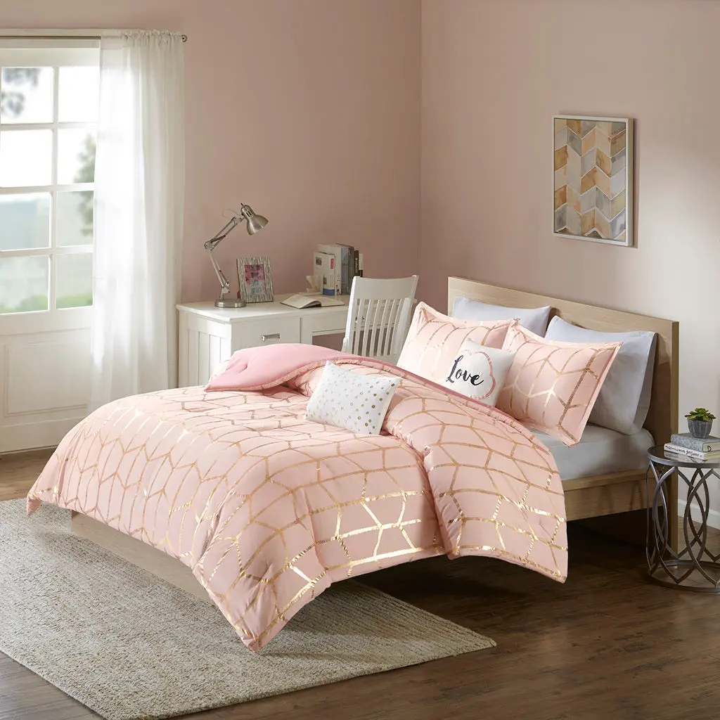 Metallic Printed Easeer Set King Blush Gold Polyester Bed Sheet Set jla