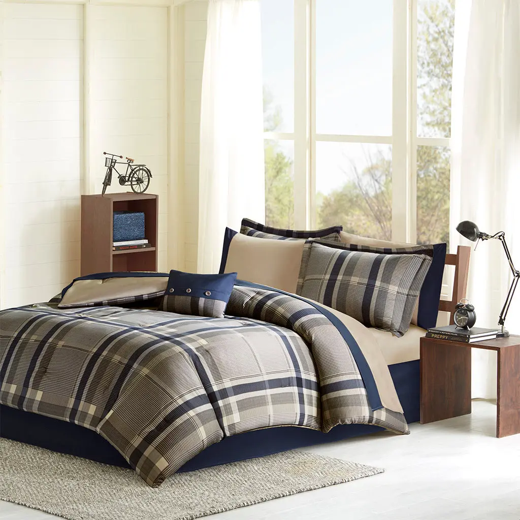 Plaid Easeer Set Bed Sheets Twin Navy Multi Polyester jla