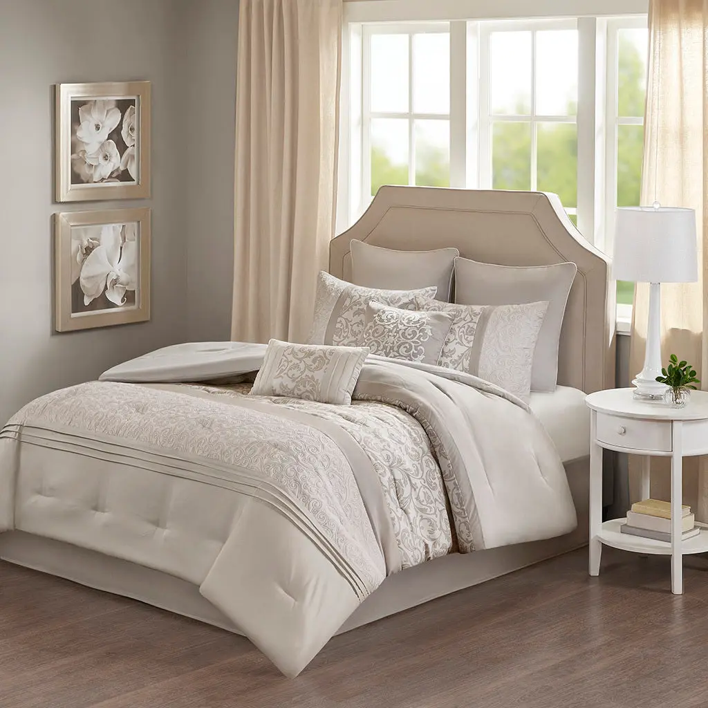 Embroidered 8 Piece Easeer Set Neutral Polyester Bedding Collection jla