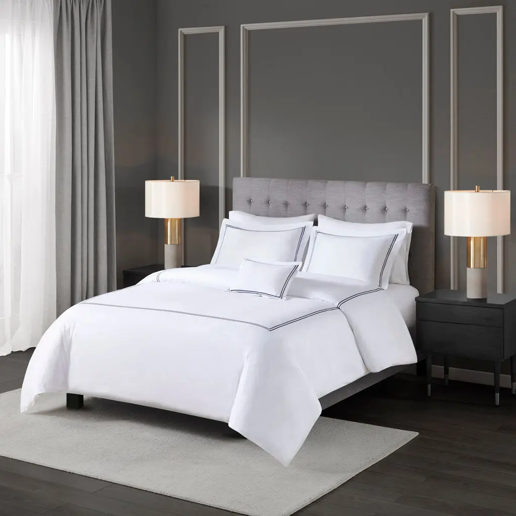 100% Cotton Sateen Embroidered Easeer Set White Navy Bedding jla