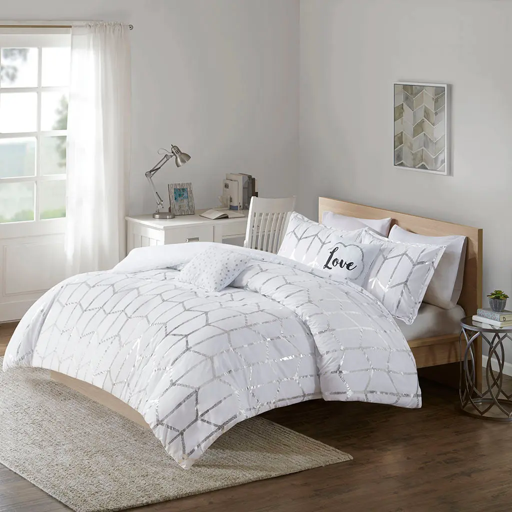 Metallic Printed Easeer Set King White Silver Polyester Bedding Set jla