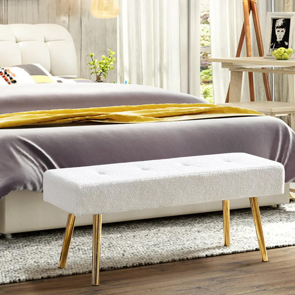 Long Bench Bedroom Bed End Stool White Teddy Fabric Gold Legs bn smart home w1516